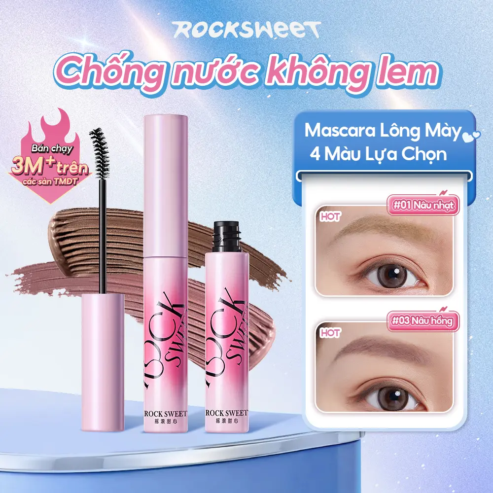 ROCKSWEET Mascara lông mày RS, chất nhung lì giúp tạo ra dáng lông mày tự nhiên với lớp gel bền màu suốt cả ngày. Không trôi không lem, kháng nước và mồ hôi. Dễ dùng cho newbie, bảng màu gồm 4 tông màu trendy.