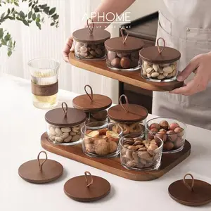 APHOME Toples Kaca Tutup Kayu Wadah Penyimpanan Bumbu Serbaguna Dengan Alas Kayu Kontainer Makanan RIFA Coklat Kitchenware