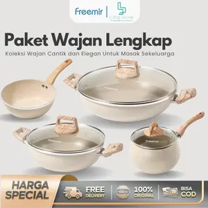 [Crehom] feemir Set Wajan 4 Pcs Beige Wajan Anti Lengket Kompor Gas/Listrik/Induksi Lapisan Granit Paket Penggorengan Lengkap Peralatan Dapur Kitchenware Premium