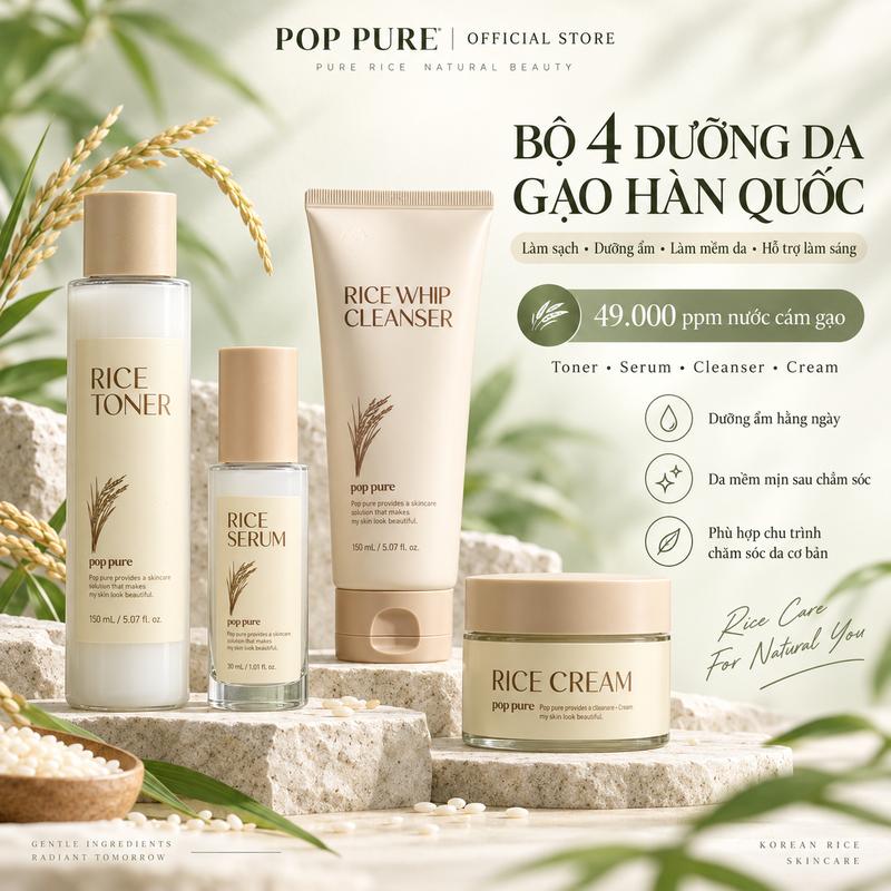 Bộ sản phẩm chăm sóc da trị mụn và làm trắng da POP PURE Rice Series: Chăm sóc da 4 bước | Chăm sóc toàn diện cho vẻ ngoài đẹp đẽ của bạn