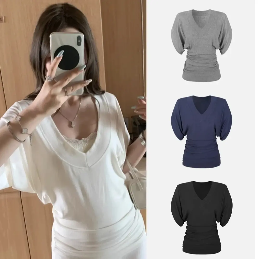 Loose and lightweight waist cinched V-neck batsuit women's top