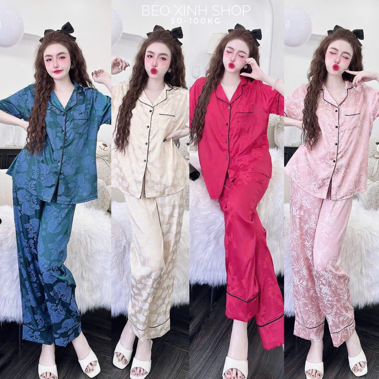 Đồ Bộ - Đồ Ngủ Tay Ngắn Quần Dài Vải Gấm 2 Da Tiểu Thư Cao Cấp Thanh Lịch Pijama Bigsize 50-100kg Bộ Ngủ Nữ Áo Ngủ Women Quần Ngủ - A.5447
