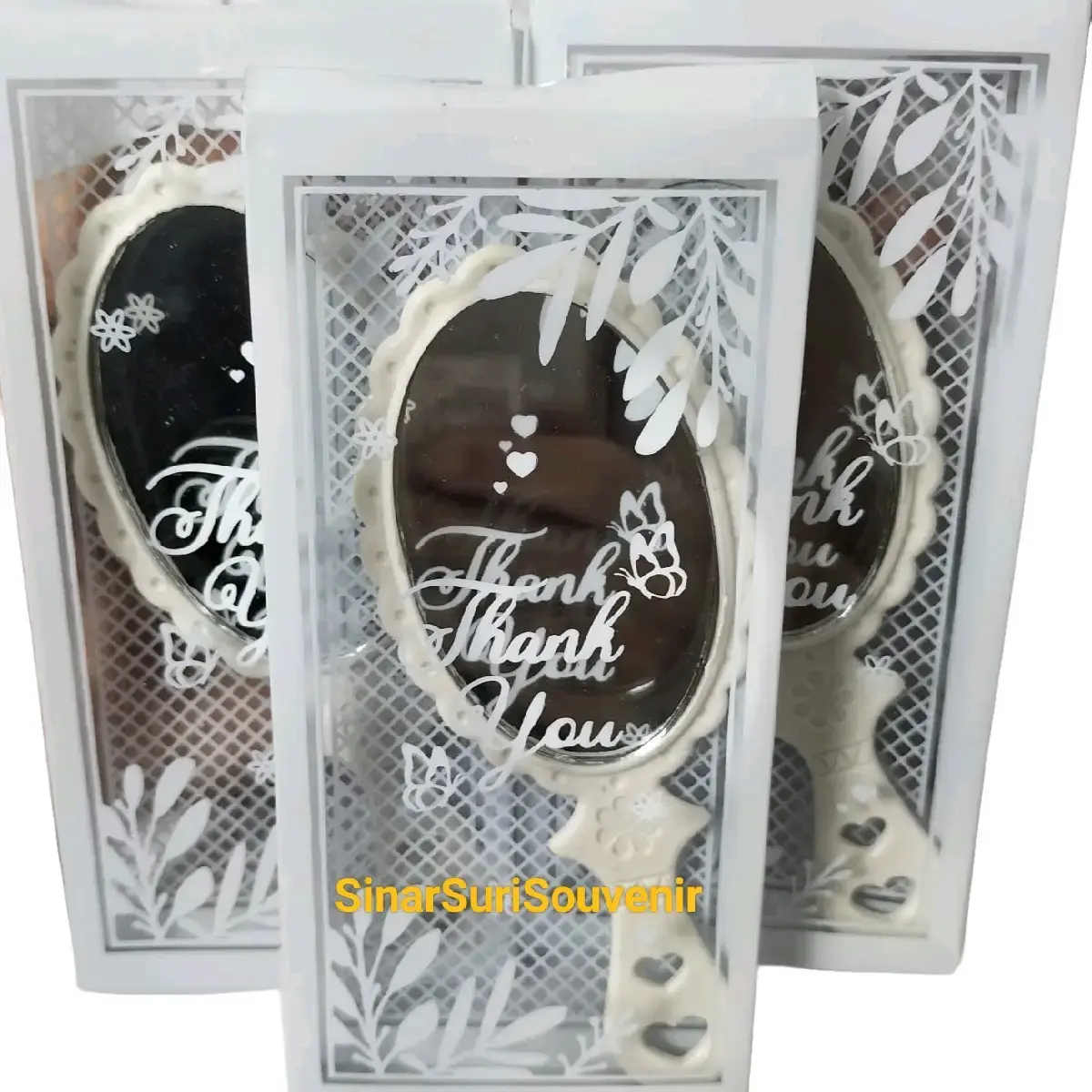 Isi 50 pcs Souvenir Kaca Cermin Gagang Oval Putih Kemas Mika Souvenir Pernikahan Murah Mewah