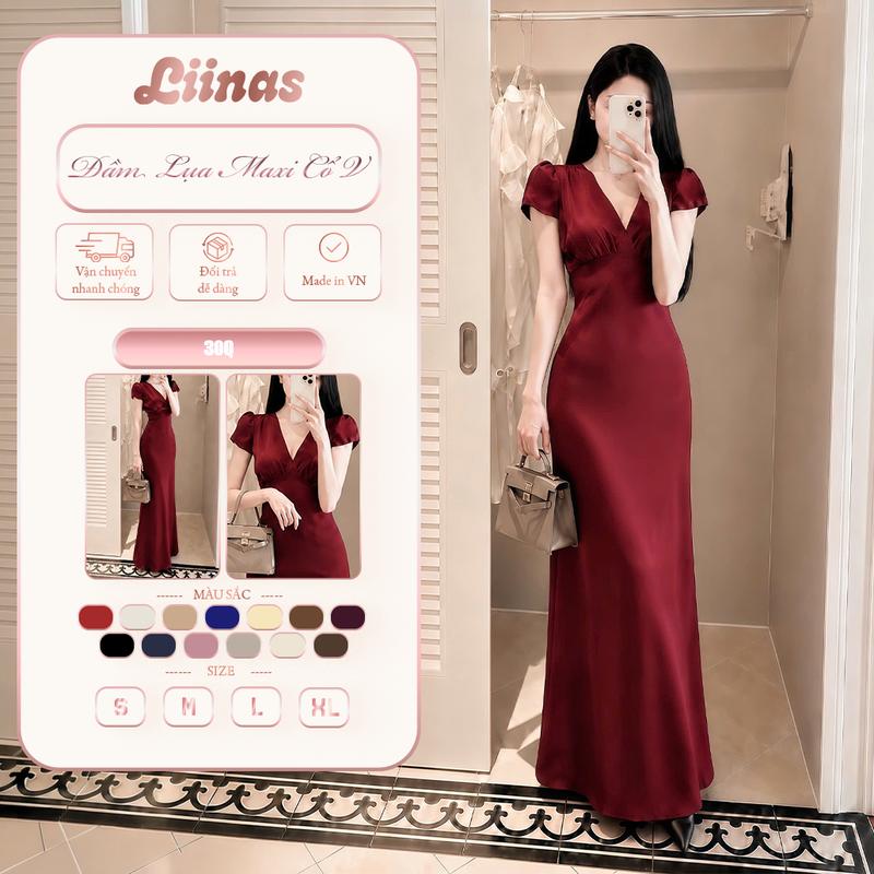 Đầm Lụa Maxi Cổ V Váy Dáng Dài Dự Tiệc Cưới Sang Trọng - Thiết Kế Tôn Dáng - Đủ Màu - Đủ Size