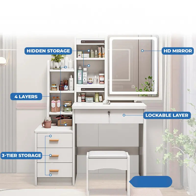 RUVIA -  Meja Rias (Sliding Miror) Kekinian Modern/Meja Rias Lampu Led/Meja rias multifungsi/Meja rias penyimpanan laci/Meja rias aesthetic/Meja rias minimalis/Meja Rias Praktis/Meja r ias mewah/Meja rias Elegan/Meja rias MDF Kekinian
