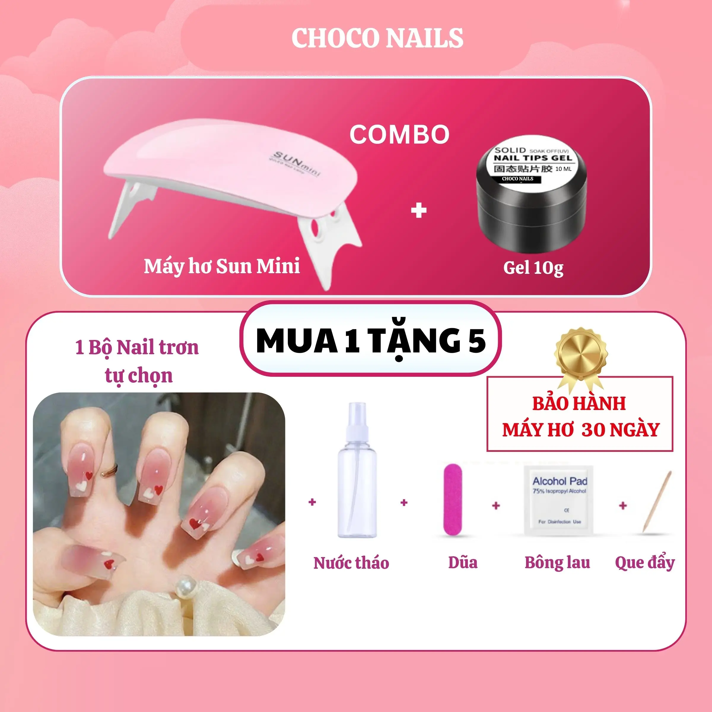 [Siêu quà tặng] COMBO Máy Hơ Sun Mini Kèm Gel Làm Nail Tại Nhà Hơ Màu Thạch Và Tặng Nước Tháo Móng Kèm Phụ Kiện Choco Nails Máy Hơ Gel mong  gia