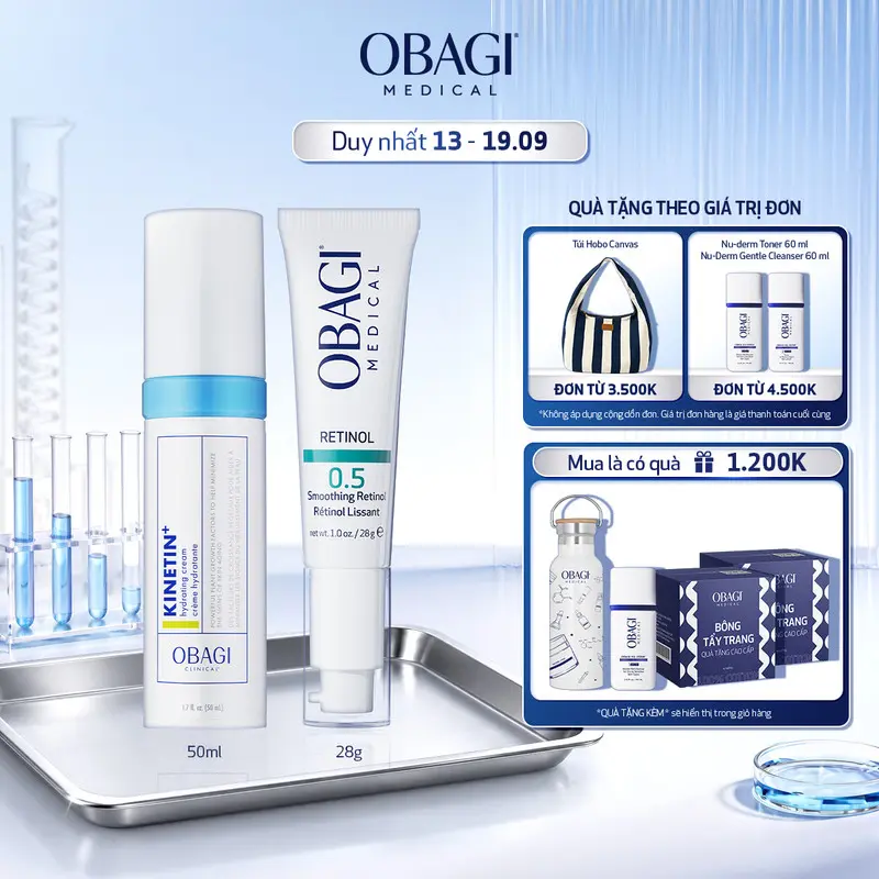 Bộ đôi Kem Dưỡng Làm Mờ Nếp Nhăn & Làm Đều Màu Da Obagi Retinol 0.5 28g & Kem Dưỡng Ẩm Làm Dịu Da Obagi Clinical Kinetin+ Hydrating 50ml