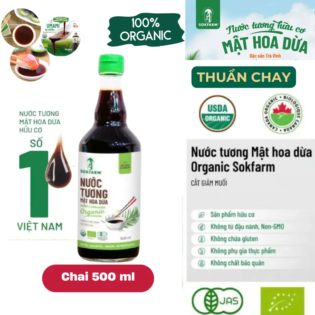Nước tương hữu cơ Mật Hoa Dừa Sokfarm Hàng Việt Nam xuất khẩu ngọt tự nhiên, thuần chay, không đậu nành, không gluten, dùng được cho người tiểu đường Gia Vị