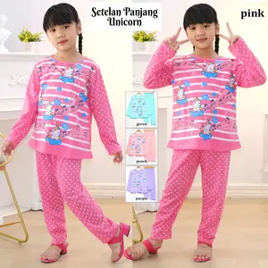 KITIN - SETELAN PIYAMA DAN BAJU TIDUR ANAK PEREMPUAN/CEWEK ABG JUMBO TANGGUNG UKURAN 4-12 TAHUN MOTIF UNICORN SALUR MUSIK BAHAN KAOS