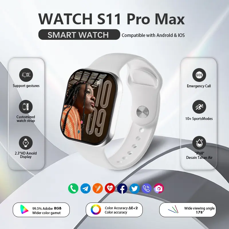 Smartwatch 11 Pro Max 10 Pro Max  Terbaru - 2.2" AMOLED Tahan Air Panggilan Bluetooth NFC GPS Charging Nirkabel Untuk Semua Usia