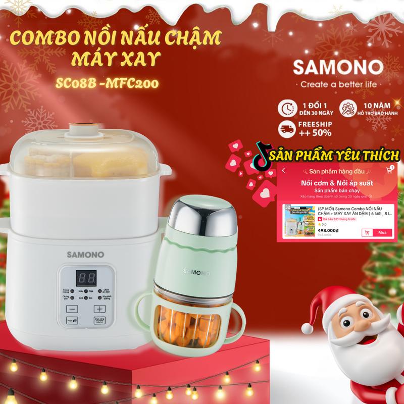   SP MỚI  Samono Combo NỒI NẤU CHẬM + MÁY XAY ĂN DẶM   6 lưỡi  8 lưỡi  cho bé SW-200,SW-SC08B Bảo hành 1 năm chỉ đổi không sữa 
