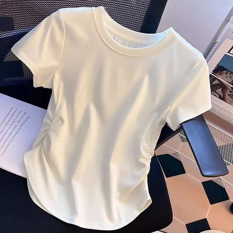 T-shirt Wanita Musim Panas Yang Memamerkan Pusar Manis/T-shirt Lengan Pendek Warna Polos/Atasan Kasual Fashion Korea/crop top putih polos Baju Jersey