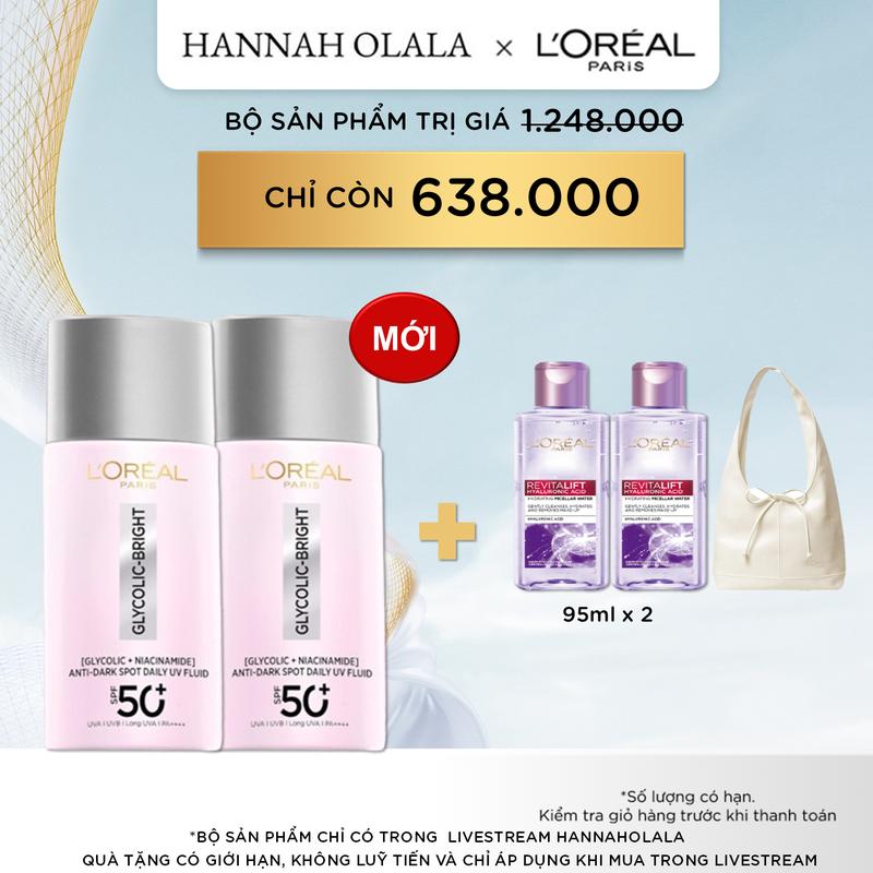 LOREAL x Hannah -BỘ ĐÔI SỮA CHỐNG NẮNG PHỔ RỘNG MỎNG NHẸ BẢO VỆ DA VÀ DƯỠNG SÁNG MỜ THÂM NÁM GLYCOLIC BRIGHT L’ORÉAL PARIS SPF 50+ PA++++ 50MLX2