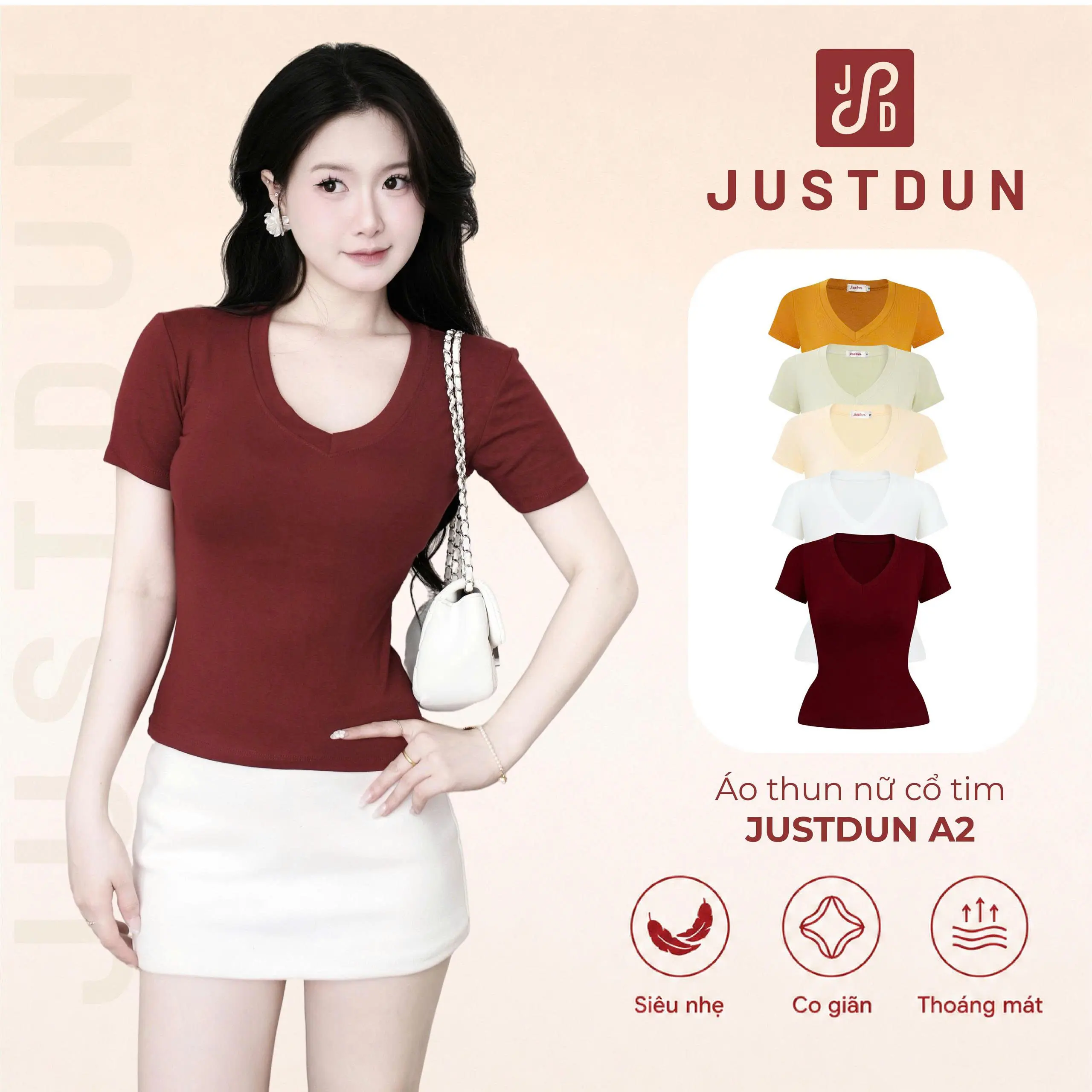 ( Signature ) Áo Thun Nữ Basic Cổ Tim Trơn JUSTDUN A2 – Chất Cotton Lông Mịn Cao Cấp, Co Giãn 4 Chiều