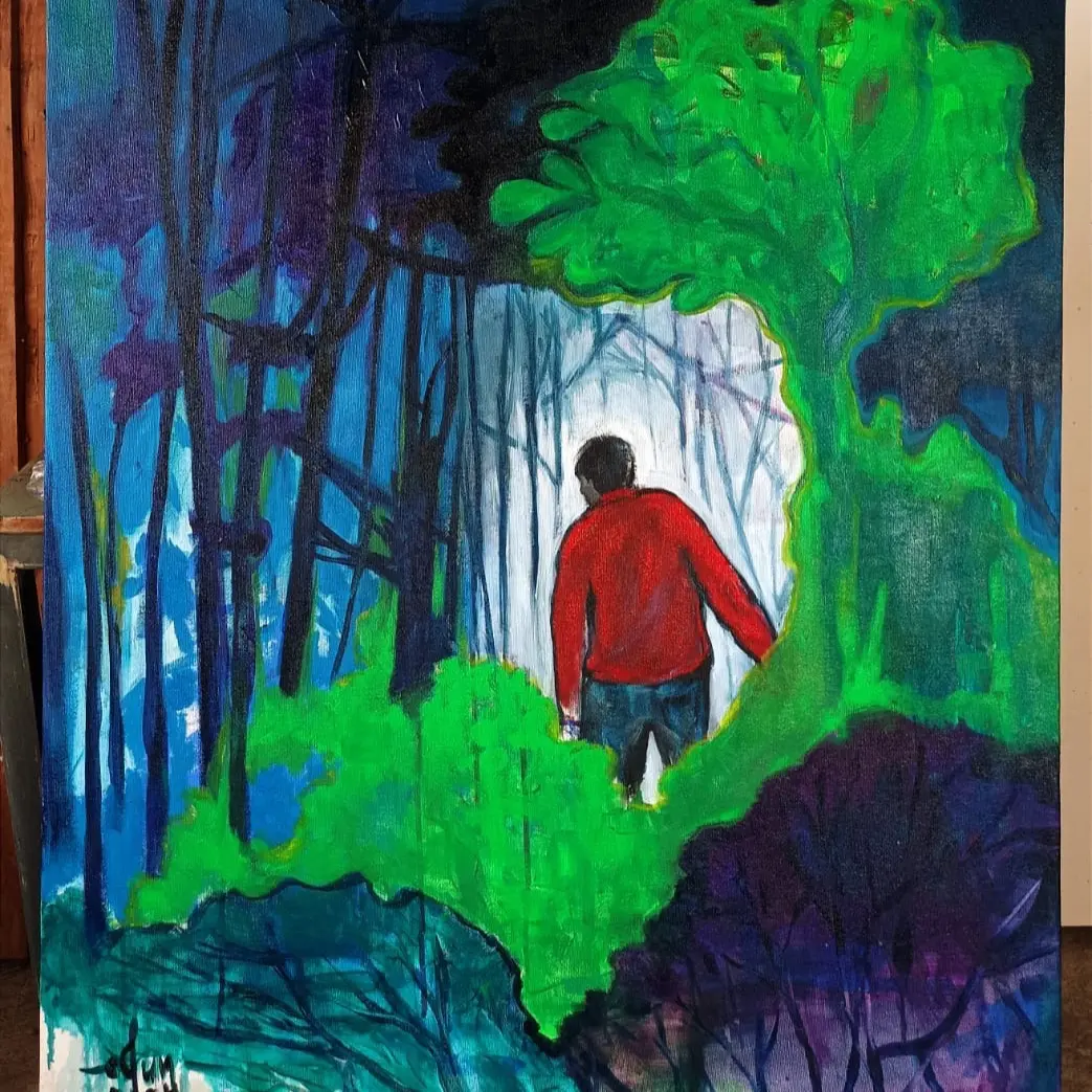 Oil on canvas - red sweater in the dark
