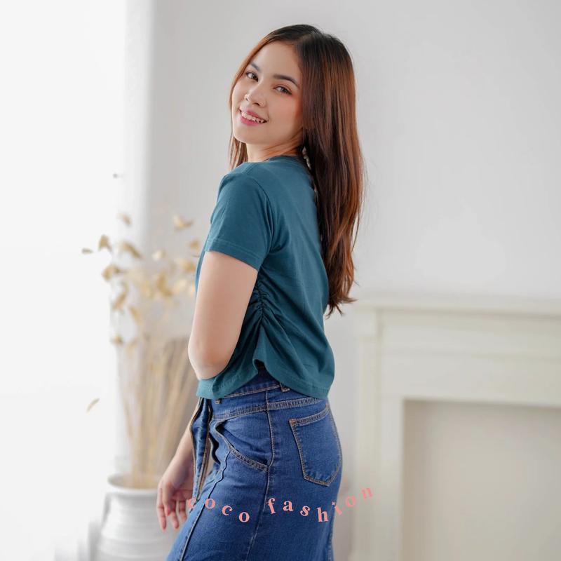 Atasan Wanita Kaos Lengan Pendek Liza Top Kerut Samping Korean Cute Girl Style Cotton Combed Premium Size M L XL Basic Polos Casual Outfit 7