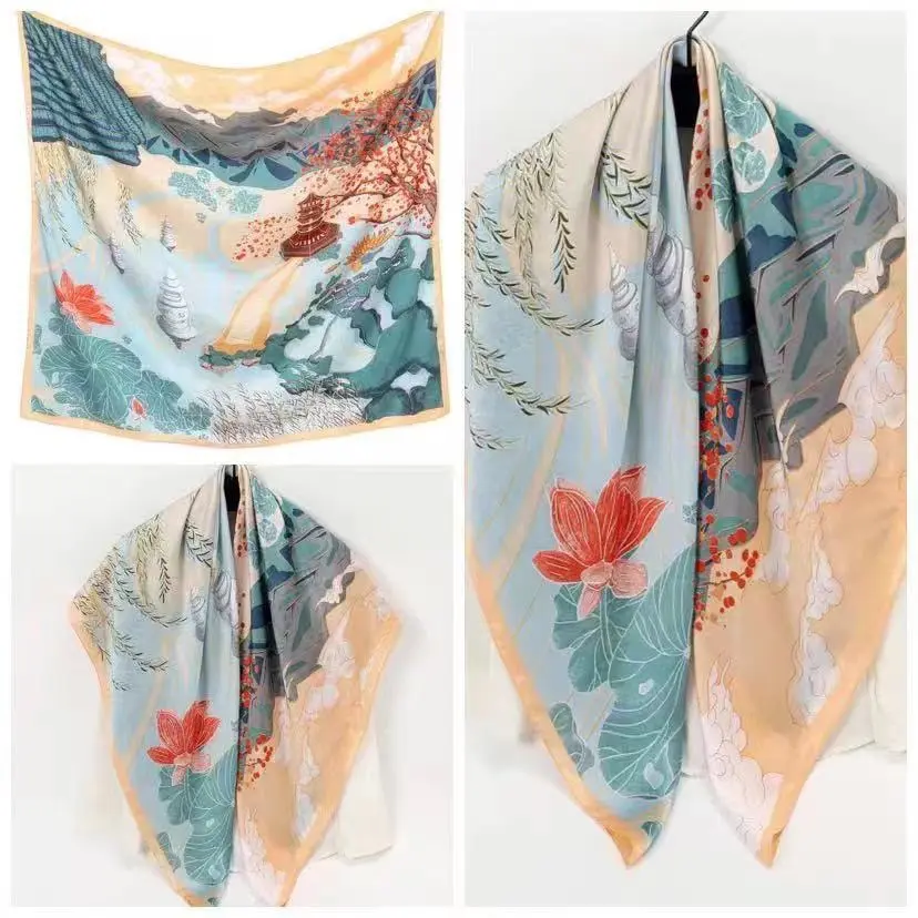 (Et 21) HIJAB SEGI EMPAT SILK SUTRA MOTIF 110x110 sea