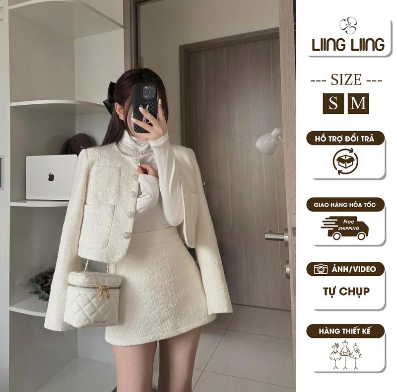  Set Áo Khoác Dạ Tweed Cúc Ngọc Phối Chân Váy A Tiểu Thư Sang Chảnh - LIING 