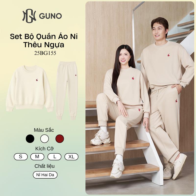 GUNO-Bộ quần áo nỉ Nam Nữ cổ tròn THÊU NGỰA quần bo gấu SP5 |25BG155/25BB177