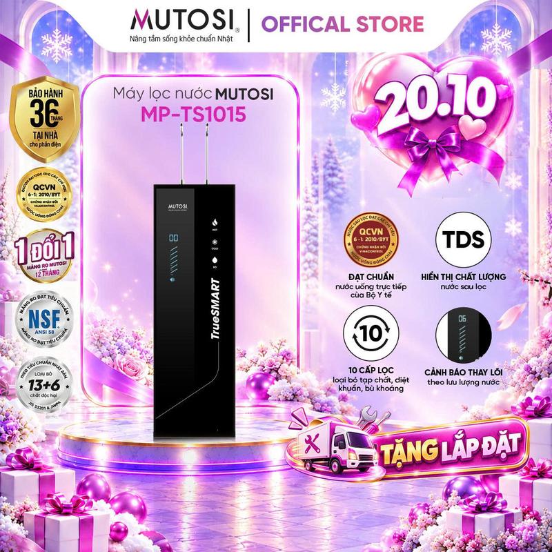 MUTOSI Máy Lọc Nước RO 10 Lõi MP-TS1015 TrueSMART Cảnh Báo Thay Lõi Thông Minh. 3 Chế Độ Nóng - Lạnh - RO Khoáng Hydrogen. Hiển Thị TDS Chất Lượng Nước Sau Lọc Chuẩn QCVN6-1:2010/BYT