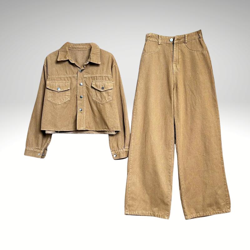 Set Jean B800 Áo Cổ Đức Tay Dài - Quần Suông Khuy Bấm, Thời Trang Nữ, Chất Jean Mềm