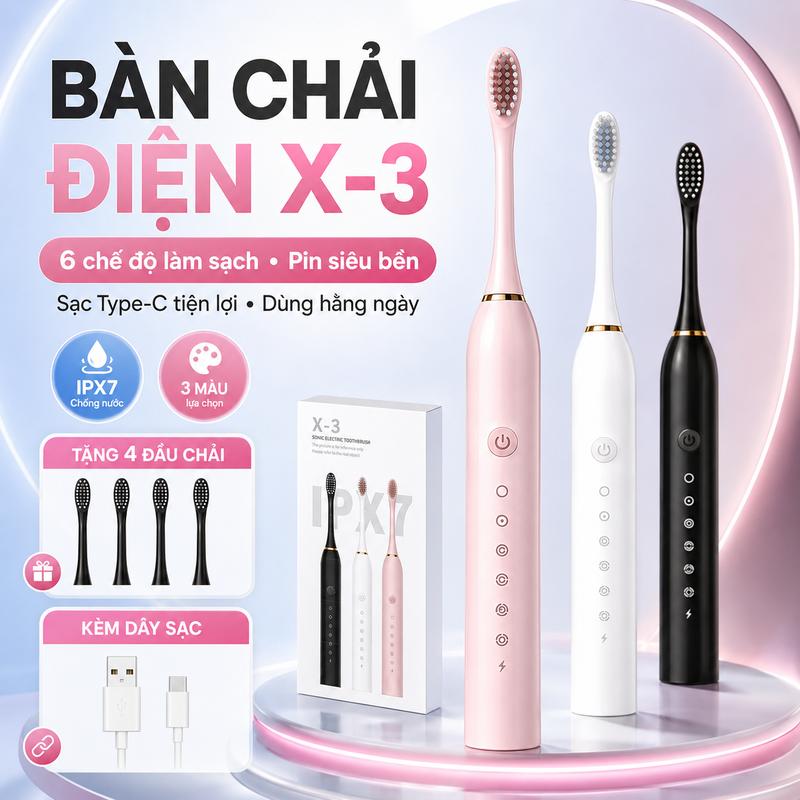 Bàn Chải Đánh Răng Điện Sonic X-3 Cho Người Lớn, 6 Chế Độ Làm Sạch, Lông Chải Mềm, Chống Nước IPX7, Pin Siêu Bền Thời Lượng Dài, Kèm 4 Đầu Chải, 3 Màu Nam Nữ