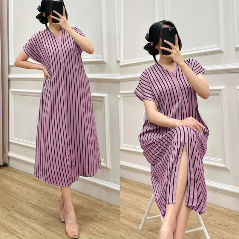 DRESS V NECK WANITA/Dress Salur Rayon Premium/Dress Korea/Dress Kekinian/Dress Busui/Daster Murah 4