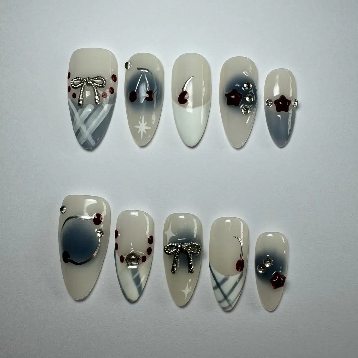 100% Handmade Blue Cherry Bliss Press-on Nail Set