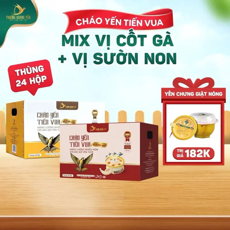 Thượng Hoàng Yến – Thùng 24 Hộp Cháo Yến Ăn Liền Cho Bé Và Cả Nhà – Vị Gà & Sườn Non – Tặng 1 Bát Yến Chưng Giật Nóng - Tiện Lợi, Dinh Dưỡng Hàng Ngày