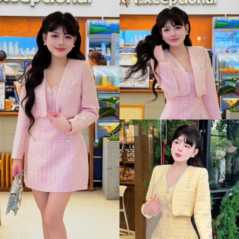   HÀNG CÓ SẴN  Set dạ A55  váy và áo khoác  váy dạ dáng A phối khoác lửng 