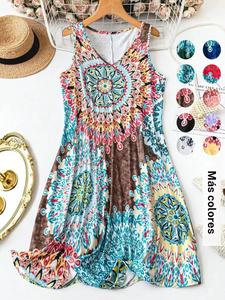 Vestido sin mangas para mujer de talla grande con estampado integral, vestido básico tipo tank, perfecto para vacaciones y uso en casa, cómodo y elegante