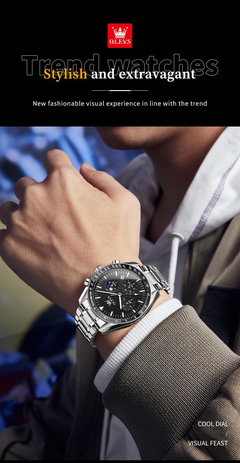 Product Introduction of OLEVS Men's Multifunction Steel Watch | Swiss Quartz + Sapphire Glass | 30M Waterproof & Luminous Dial | Business Minimalist Model 3618 3