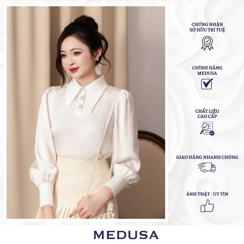  Cindy Shirt - Áo Sơ Mi lụa lạnh mềm mịn mát cổ bẻ 3 khuy ngọc tay bồng viền dây ren ngọc trai cao cấp mặc 4 mùa 