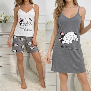 ¡Tu Kit de Descanso Más Tierno y Cómodo! Conjunto de Pijama 3 en 1 para Mujer con Top Corto, Short y Vestido Largo, en Suave Algodón y con Diseños Adorables de Perritos, Osos Pandas, Koalas, Mariposas y Ositos Pintores, para Dormir, Relajarte o Pasar un B