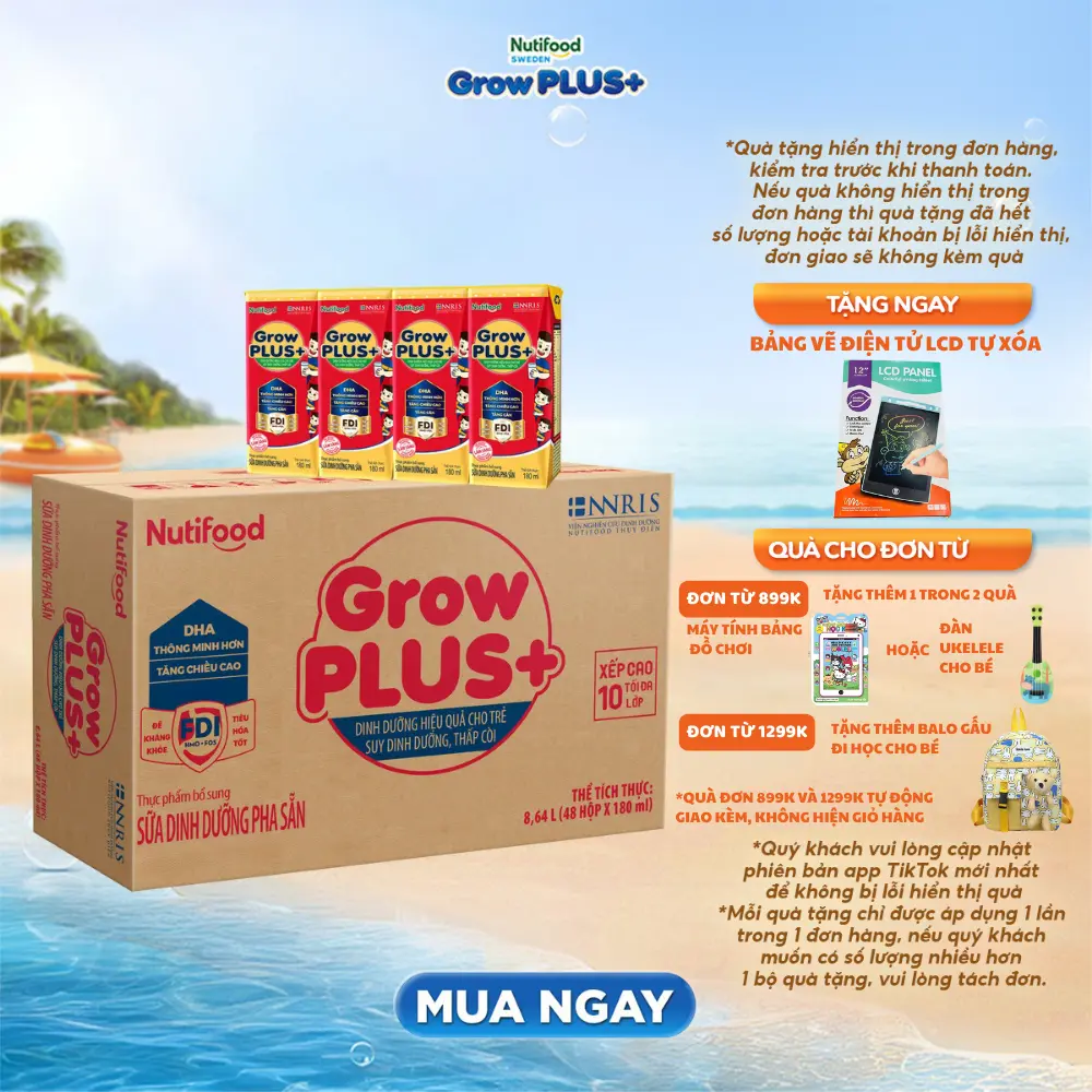 [CÓ ĐƯỜNG/ÍT ĐƯỜNG] Thùng sữa bột pha sẵn Nutifood Growplus+ Đỏ_dòng Suy Dinh dưỡng (180ml x 48 hộp)