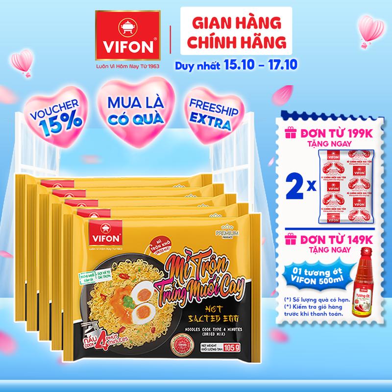 [VOUCHER HOT 15%] Set 5 Gói Mì VIFON Mì Hải Sản Cay/ Mì Trộn Trứng Muối Cay/ Mì Tôm Chua Cay Hoàng Đế/ Sườn Heo Nướng Bali/ Mì Trộn Tương Đen Khay Vị Chua