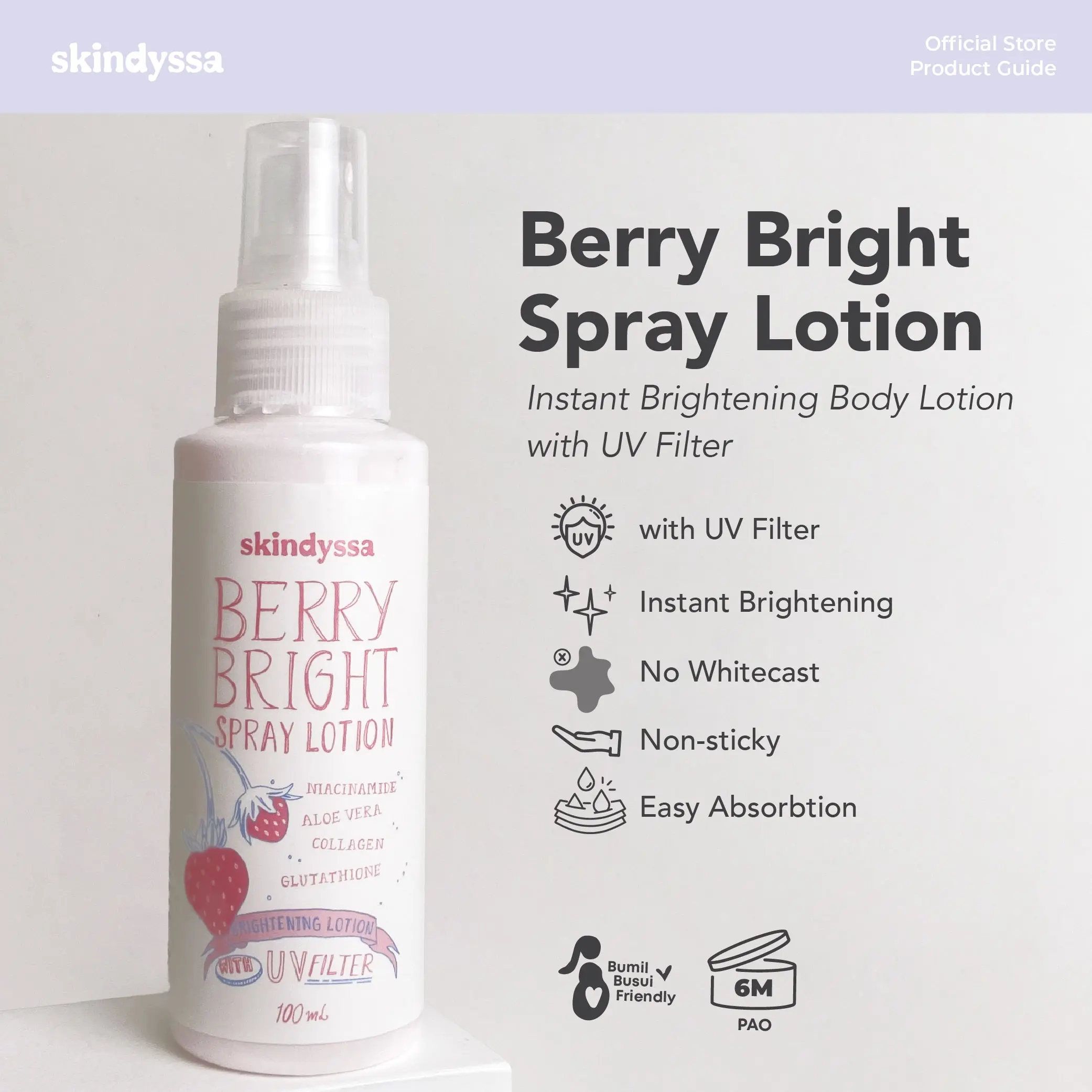 Skindyssa Berry Bright Spray Lotion with UV Filter | Instant Brightening Lotion, Tone Up Lotion, Whitening, Dry Skin
