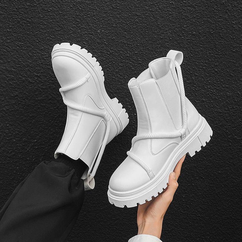 Bốt Trắng Bốt Công Nhân Da Thời Trang Cổ Cao Nam Tăng Chiều Cao Insole 10 Cm8cm