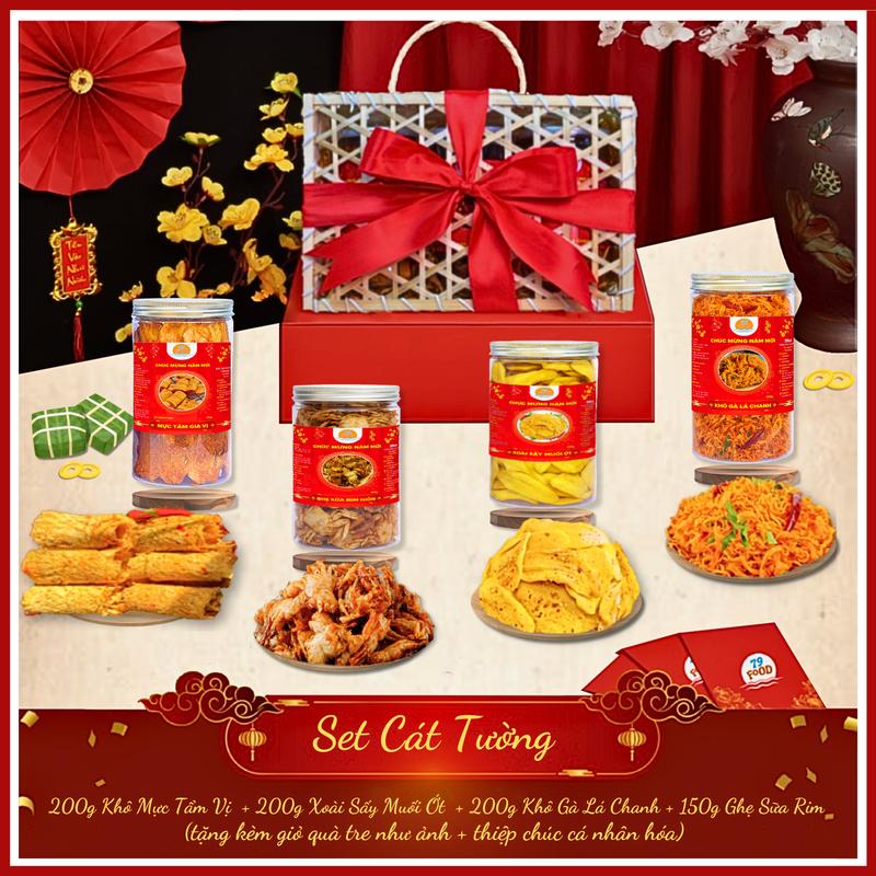 TẾT Set Giỏ Quà Tre 4 Món gồm: 200g Mực Tẩm Gia Vị + 200g Khô Gà Lá Chanh + 200g Xoài Sấy Muối Ớt + 150g Ghẹ Sữa Rim 79Food