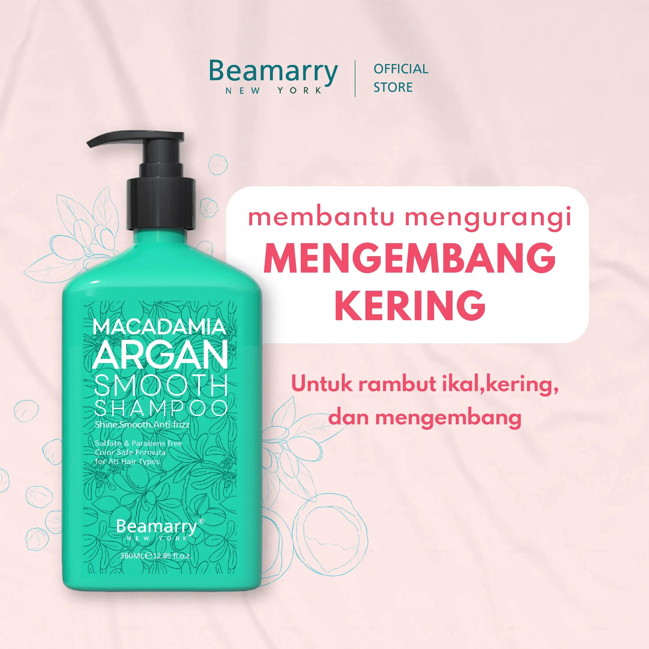 Beamarry Hair Care | Shampoo Macadamia Argan Smooth 380ml | Anti Kusut, Anti Rambut Mengembang, Anti Lepek, Keratin Extract.