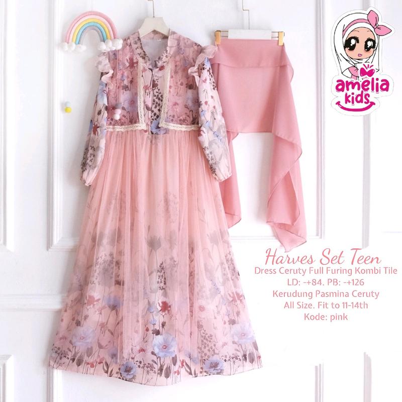 Dress Lebaran Harves Set Teen Ory by Amelia Kids All Size Usia 11-14 tahun Dress Cantik Free Jilbab Pashmina 2