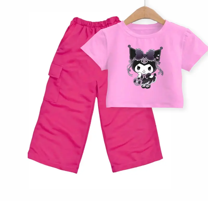 Setelan Anak Perempuan Korea Style 5-10 Tahun Kaos Crop Top Dan Celana Kargo Motif Kuromi Pita Fashion Baju Anak 0