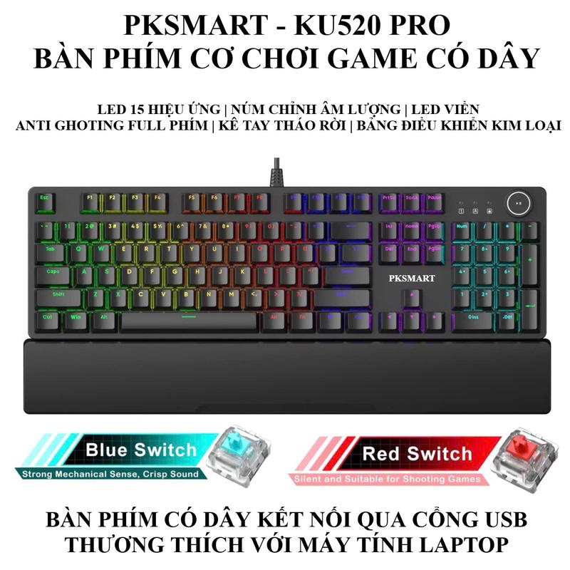 Bàn Phím Cơ Chơi Game Có Dây - PKSMART KU520PRO - Anti Ghosting Full Phím - 15 Hiệu Ứng LED - Kê Tay Tháo Rời - Núm Chỉnh Âm Lượng - Blue Red Switch
