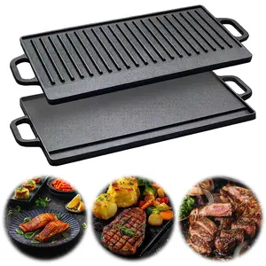 Wajan Griddle/Bakaran Cast Iron Double Sided - Panci Grill 2 sisi dengan 2 Gagang untuk Steak, Roti Bakar, Telur, Pancake, Sayuran