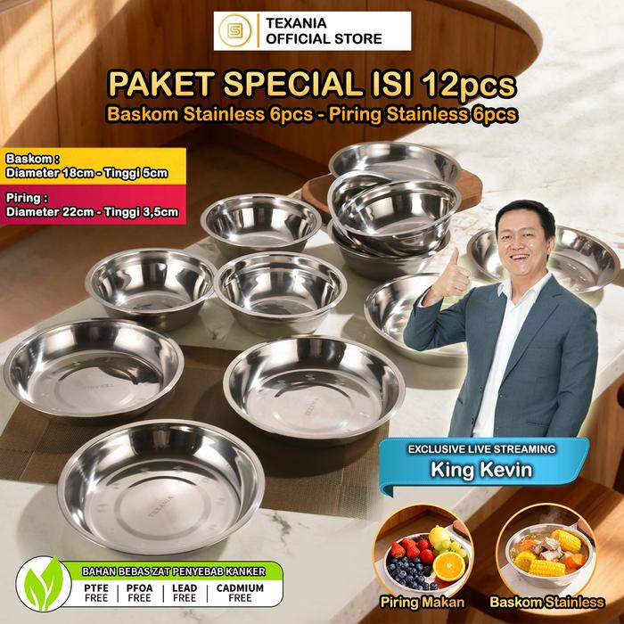 Gambar [EXCLUSIVE KING KEVIN] TEXANIA PAKET Mangkuk dan Piring Stainless Anti Karat Foodgrade Multifungsi Diameter Mangkuk 18cm 6pcs dan Piring Diameter 22cm 6pcs Kitchenware dari Texania house ware store Kota Tangerang Tokopedia