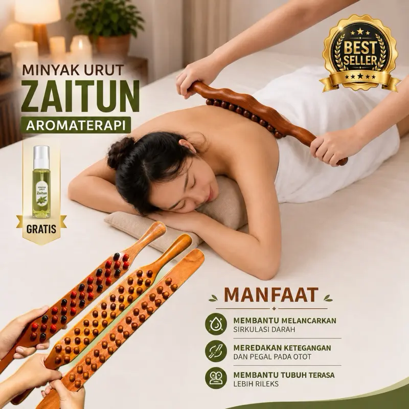 FREE Minyak Urut Zaitun Tongkat Pijat Kayu GuaSha PREMIUM QUALITY Alat Pijat Badan Pegal Terapi Punggung Leher Kaki Body Massager Tubuh Pijit