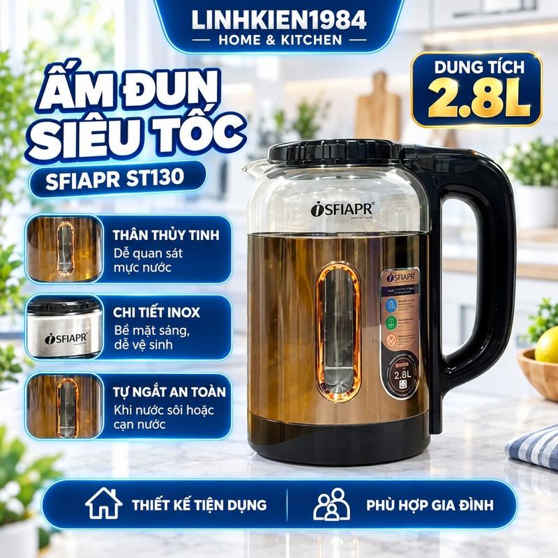 Ấm Đun Nước Siêu Tốc, Bình Siêu Tốc SFIAPRT ST130 Thủy Tinh Dung Tích 2.8 lít Tự Động Ngắt