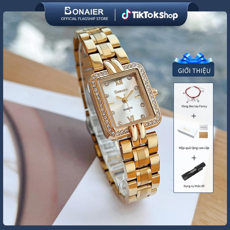  BONAIER Đồng hồ nữ nhẹ nhàng sang trọng đơn giản không thấm nước đồng hồ thạch anh thể thao dây đeo đồng hồ kim loại vuông cổ tay nữ thời trang và hợp thời trang B0309 đồng  hồ  Watch 