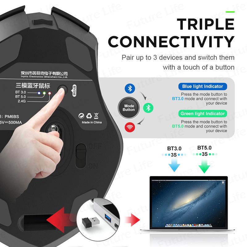 INPHIC PM6 Mouse Wireless Bluetooth Rechargeable 2.4G Office Silent Mouse Support PC Laptop Tablet Mouse Gaming 6