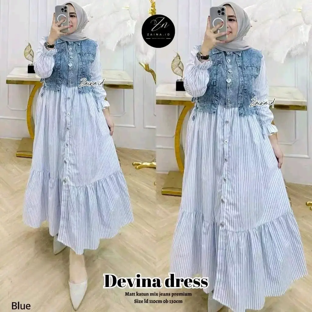 Devina Midi Dress Jeans Mix Katun Wanita Termurah - Best Seller - Formal, Motif, Cantik, Casual, Kancing, Baju, Panjang, Kotak, Nyaman, Variasi
